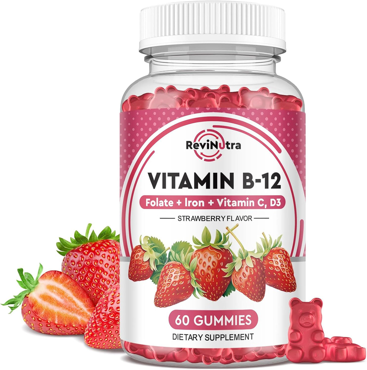 ReviNutra Vitamin B12 Complex Gummies - 5000 mcg Methylcobalamin with Iron, Vitamin C, D3 & Folate, Strawberry Flavour (2 Pack) - görsel 7