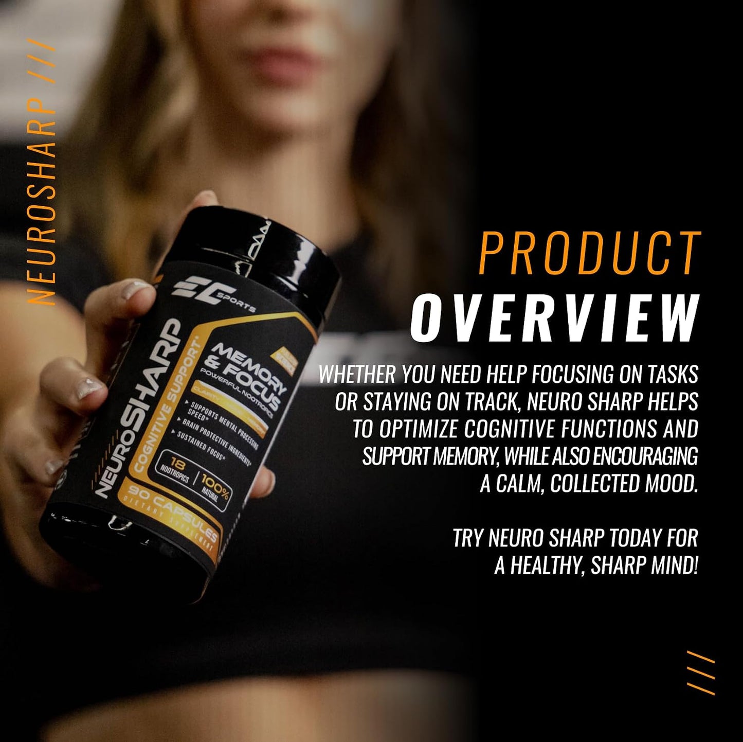EC Sports NeuroSharp Powerful Nootropic Supplement for Focus, Faster Processing, Instant Positive Energy & Performance, Memory & Cognitive Support w/ 18 Nootropics - 90 Capsules - görsel 6