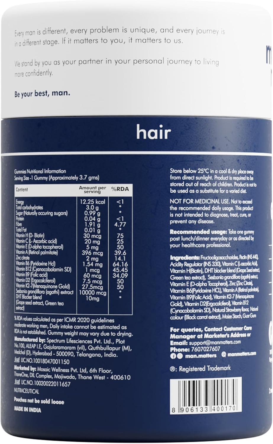 Man Matters Biotin Hair Gummies - Strawberry Flavoured, No Added Sugar, 120 Gummies - görsel 7