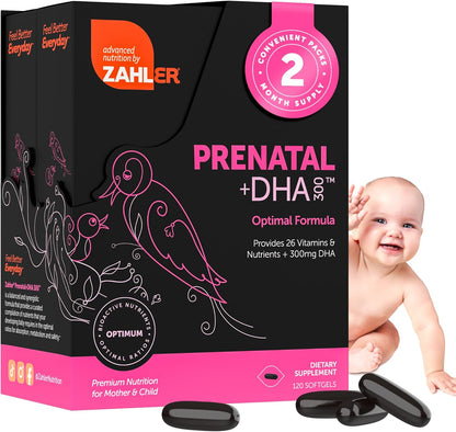 Zahler Prenatal +DHA 300 - Prenatal Vitamin with Methylated Folate & DHA for Pregnant Women - Support for Mum & Baby - Kosher, Gluten-free, Dairy-free - 180 Softgels