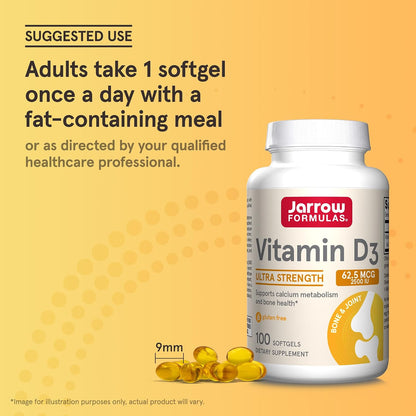 Jarrow Formulae Vitamin D3 62.5 mcg (2,500 IU) Softgels – 100 Count