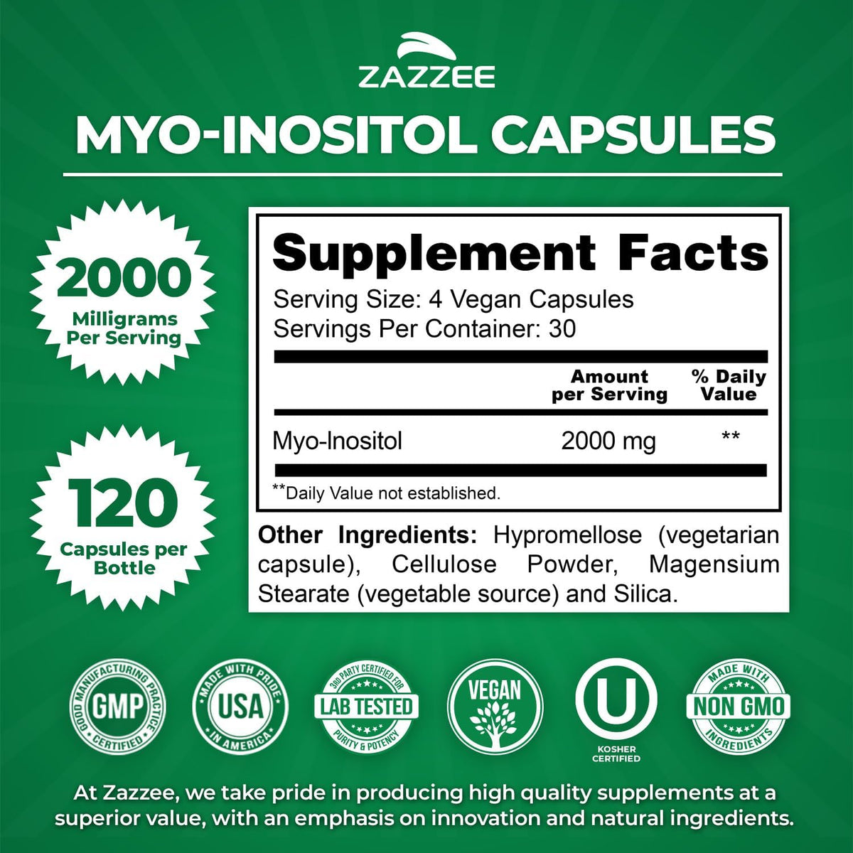 Zazzee Myo-Inositol Capsules, 2000 mg per Serving, 120 Vegan Capsules - görsel 4
