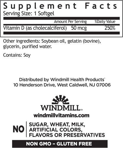 Windmill Vitamin D3 50 mcg (2000 IU) - Cholecalciferol Supplement