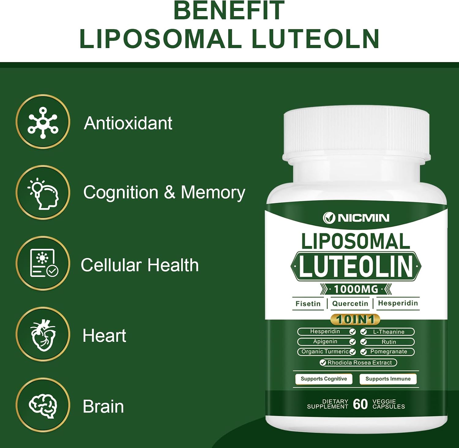 NICMIN 1000mg Liposomal Luteolin Food Supplement - Maximum Absorption, 60 Capsules - görsel 5