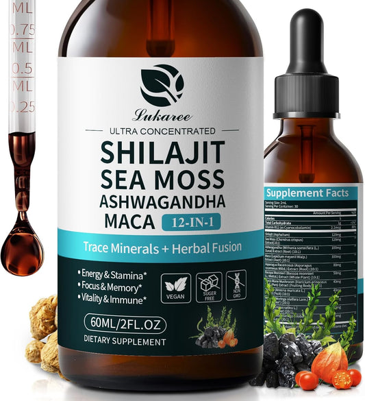Shilajit Liquid Drops, 12-in-1 Complex - Sea Moss, Ashwagandha, Maca, Fulvic Acid, Trace Minerals, Liquid Multivitamin Supplement for Men and Women, Energy, Antioxidant, Immune Support, 60ml