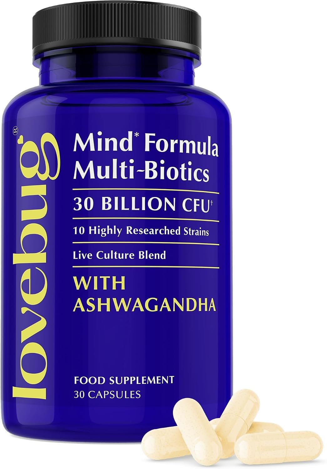 LOVEBUG Complete Mood Probiotic with 10 Clinically Studied Probiotic Strains & Patented Organic Ashwagandha (30 Capsules) - görsel 1