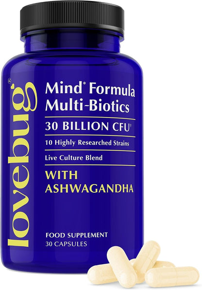 LOVEBUG Complete Mood Probiotic with 10 Clinically Studied Probiotic Strains & Patented Organic Ashwagandha (30 Capsules)
