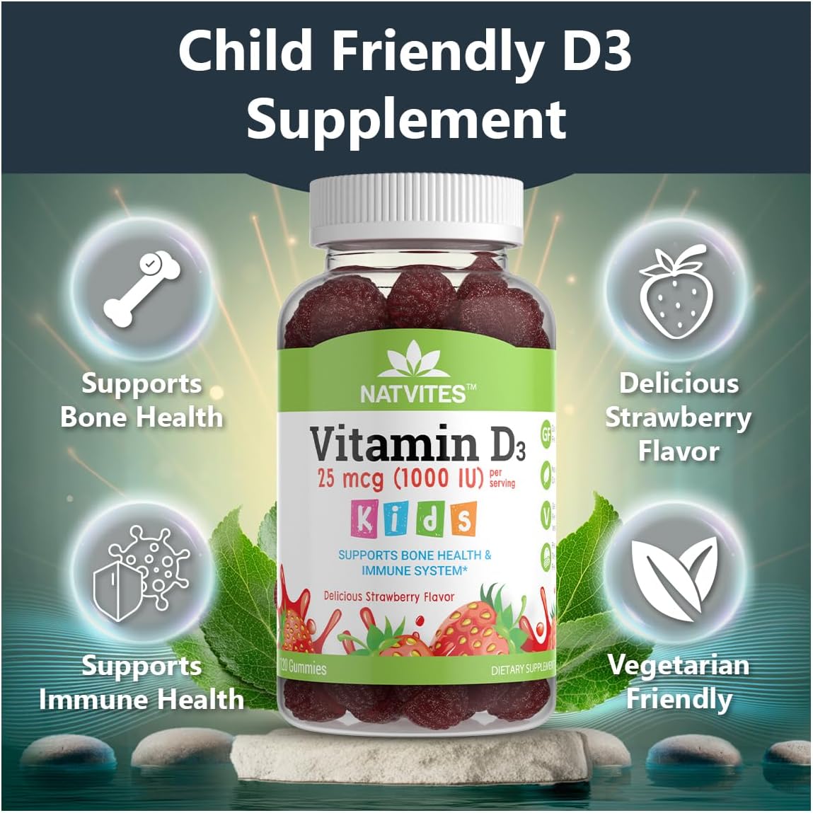 Vitamin D3 Gummies for Kids – 1000 IU – Strawberry – Bone Health & Immune Support – 120 Count - görsel 3