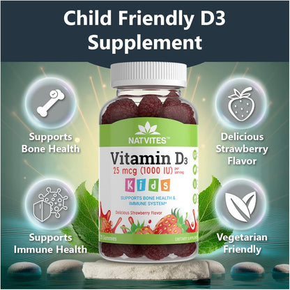 Vitamin D3 Gummies for Kids – 1000 IU – Strawberry – Bone Health & Immune Support – 120 Count