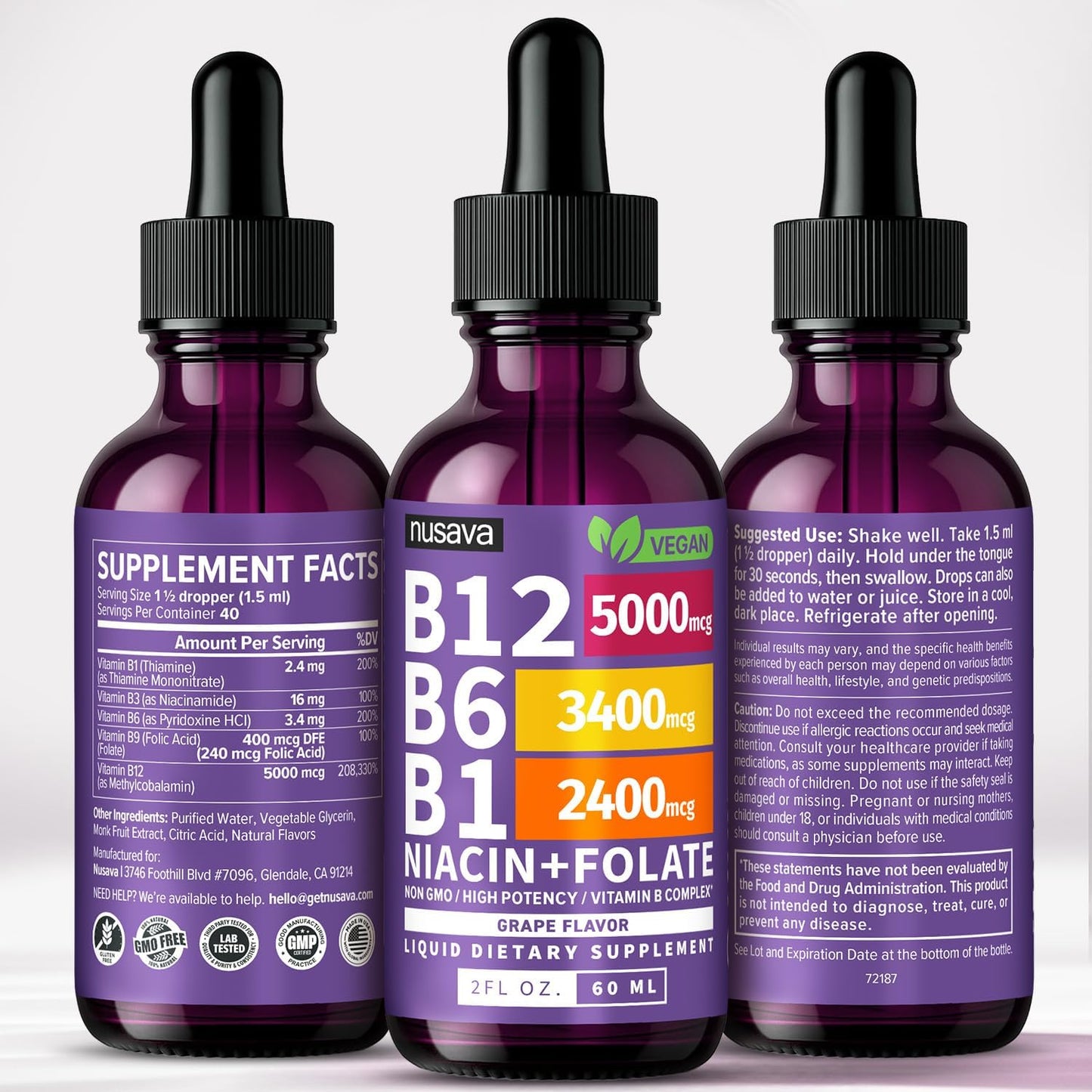 NUSAVA Vitamin B12 Liquid Drops 5000mcg with B6 & B1 - Sublingual Methylcobalamin B Complex, Vegan, Non-GMO, Grape Flavour (2 Pack) - görsel 9