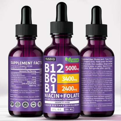 NUSAVA Vitamin B12 Liquid Drops 5000mcg with B6 & B1 - Sublingual Methylcobalamin B Complex, Vegan, Non-GMO, Grape Flavour (2 Pack)