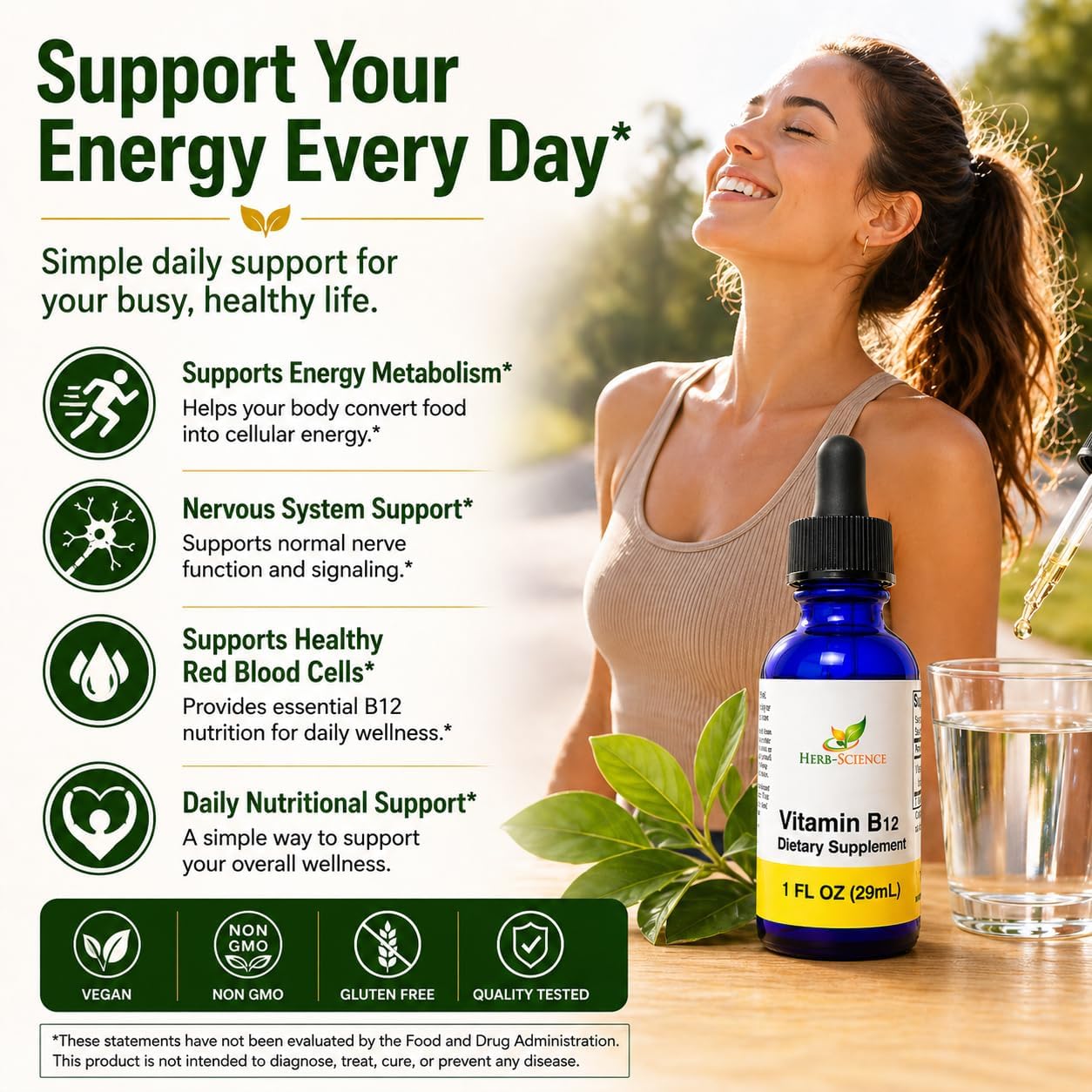 Herb-Science Liquid Vitamin B12 – Cold-Pressed Cyanocobalamin Sublingual Drops, Vegan, Alcohol-Free, 1 fl oz - görsel 7