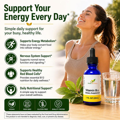 Herb-Science Liquid Vitamin B12 – Cold-Pressed Cyanocobalamin Sublingual Drops, Vegan, Alcohol-Free, 1 fl oz