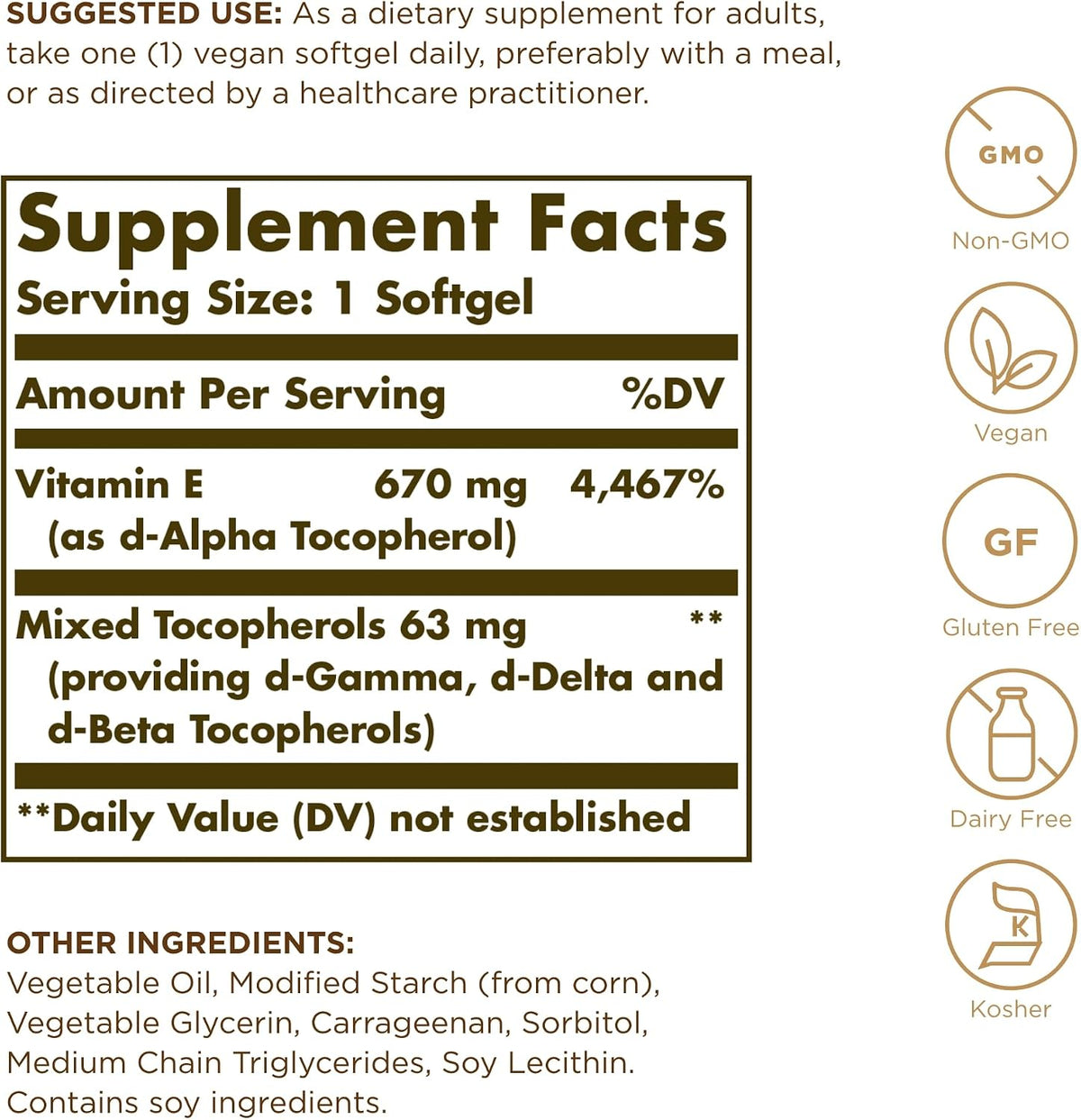 Vitamin E 670 mg (1000 IU) - 100 Vegan Softgels by Solgar - görsel 2