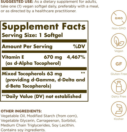 Vitamin E 670 mg (1000 IU) - 100 Vegan Softgels by Solgar