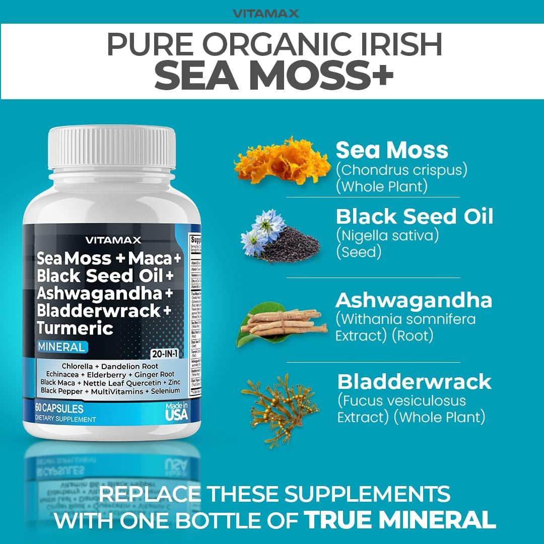 Vitamax Pure Himalayan Shilajit Supplement with Sea Moss, Ashwagandha, Bladderwrack, Ginkgo Biloba, Organic Capsules – Non-GMO, Vegan – Men and Women – Made in USA - görsel 4