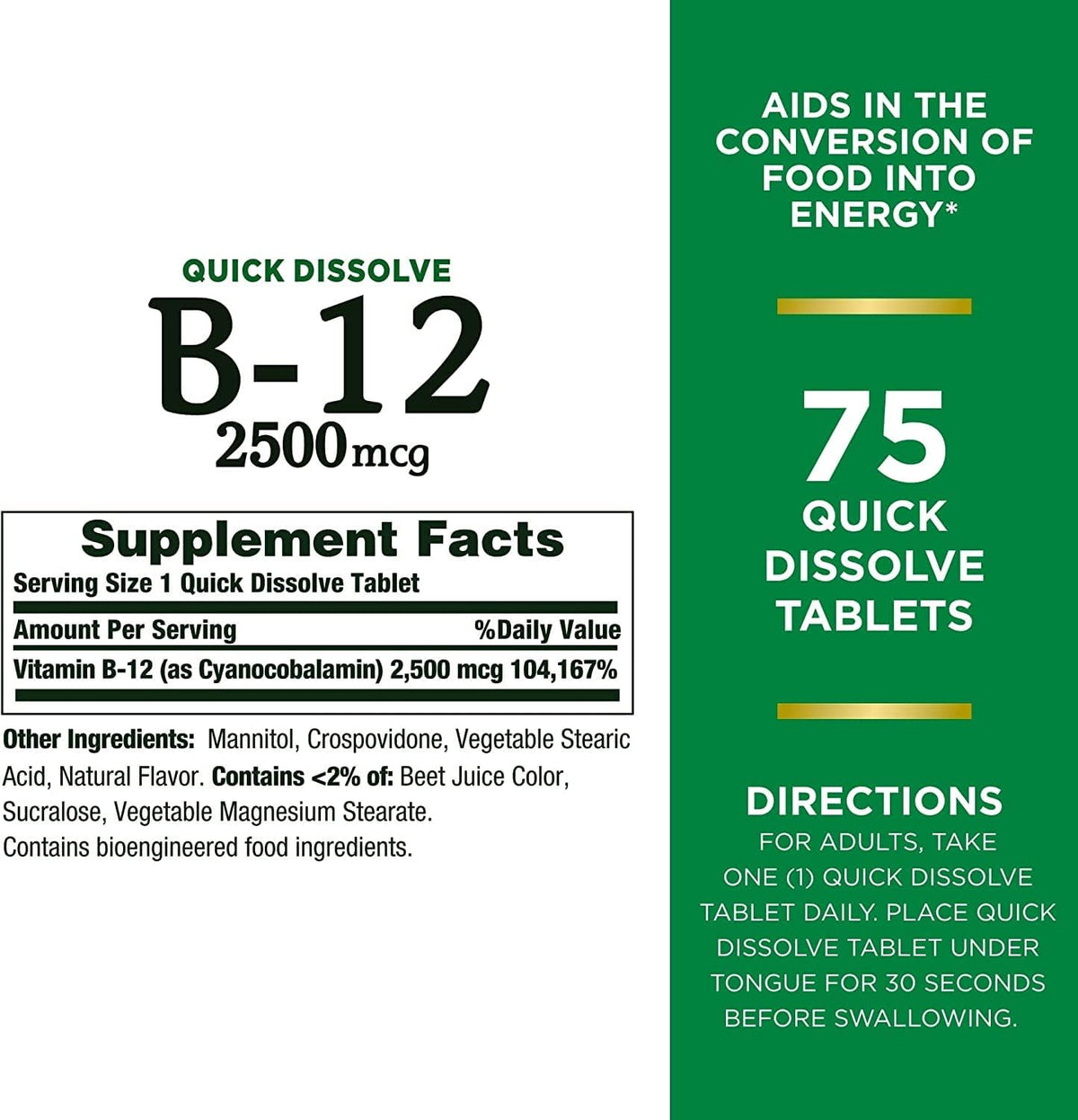 Nature's Bounty Vitamin B12 2500 mcg, Energy Support, Quick Dissolve Tablets, 75 Tablets (Pack of 2) - görsel 2