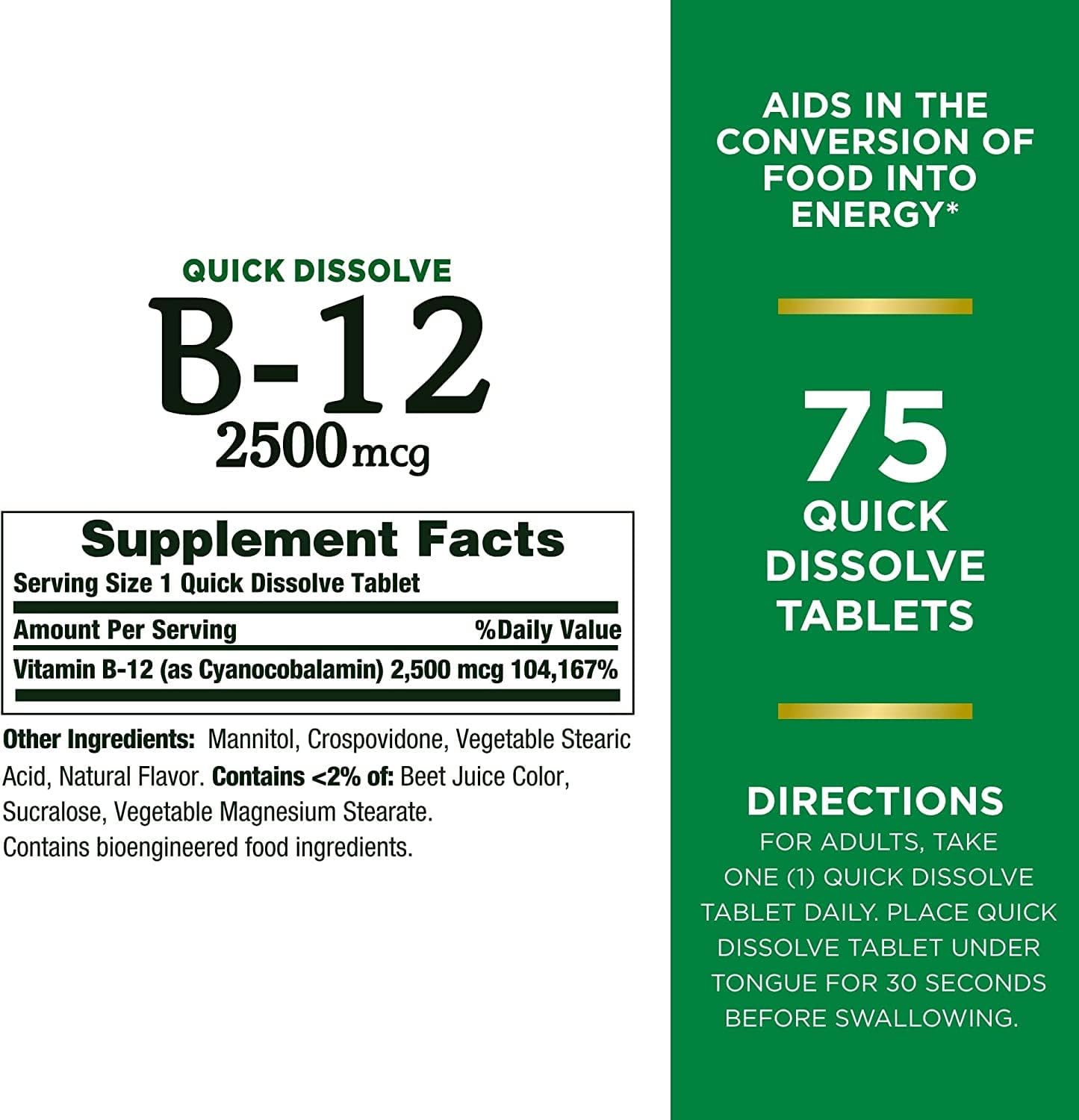 Nature's Bounty Vitamin B12 2500 mcg, Energy Support, Quick Dissolve Tablets, 75 Tablets (Pack of 2) - görsel 2