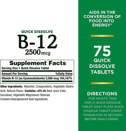 Nature's Bounty Vitamin B12 2500 mcg, Energy Support, Quick Dissolve Tablets, 75 Tablets (Pack of 2)