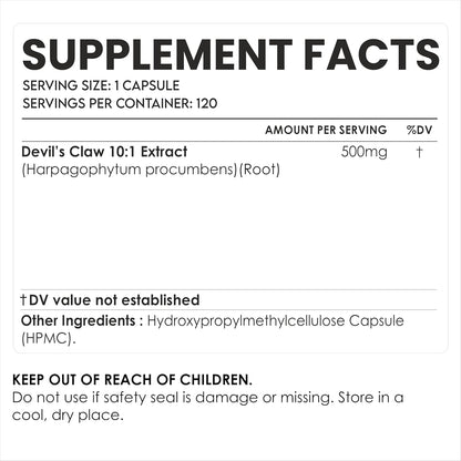 AMALTH Devil's Claw Extract Capsules 500 mg - Harpagophytum Procumbens Root Extract - Plant-Based Herbal Supplement - 120 Vegetable Capsules - Non-GMO, Gluten-Free