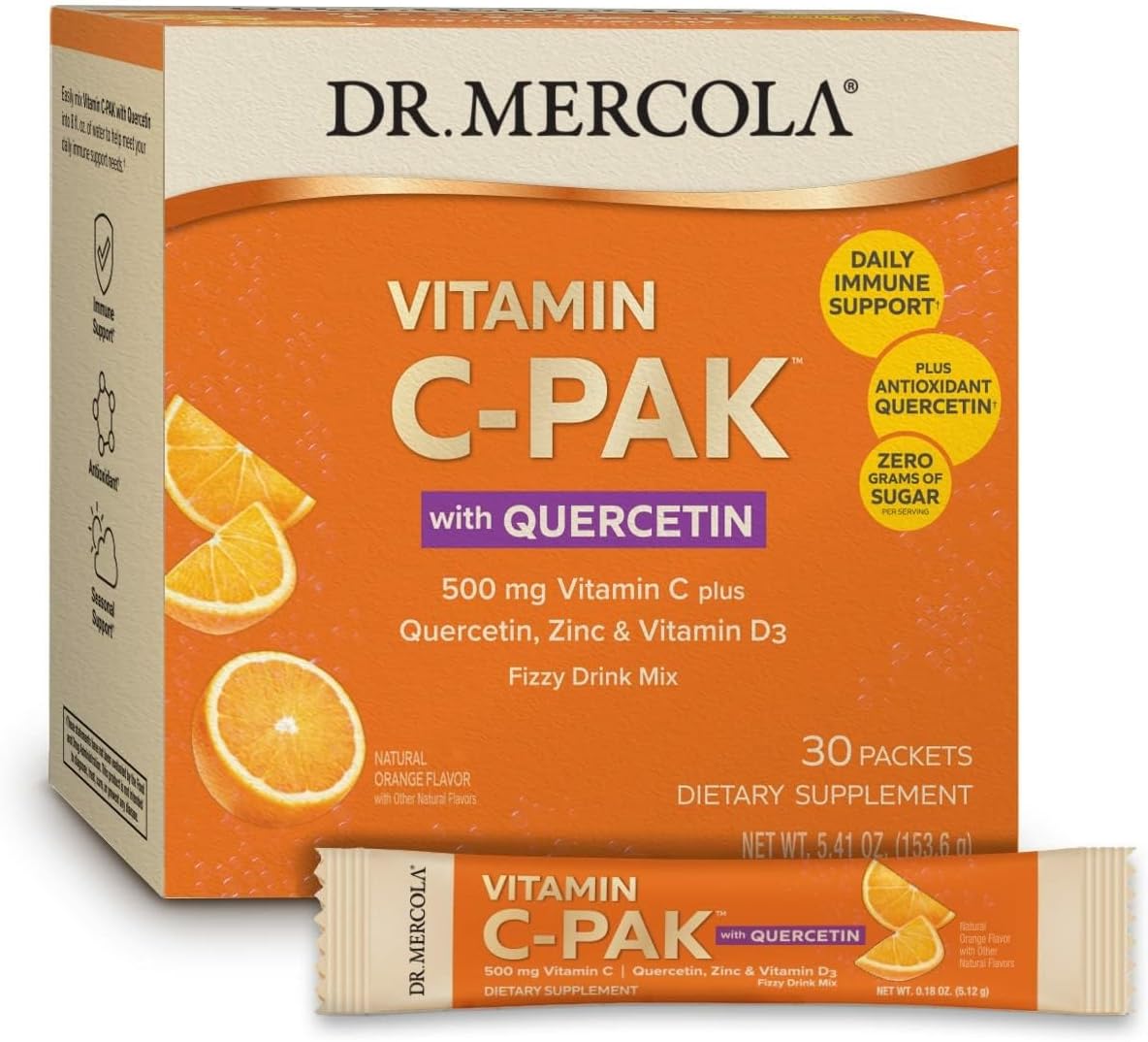Dr. Mercola Vitamin C-PAK with Quercetin – Daily Immune Support Drink – Zinc & Vitamin D3 Blend – Gluten-free – Effervescent Orange Flavour – 30 Packets - görsel 1