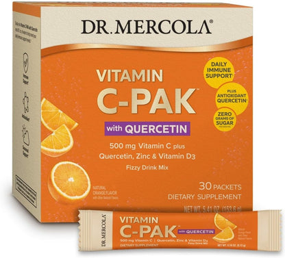 Dr. Mercola Vitamin C-PAK with Quercetin – Daily Immune Support Drink – Zinc & Vitamin D3 Blend – Gluten-free – Effervescent Orange Flavour – 30 Packets