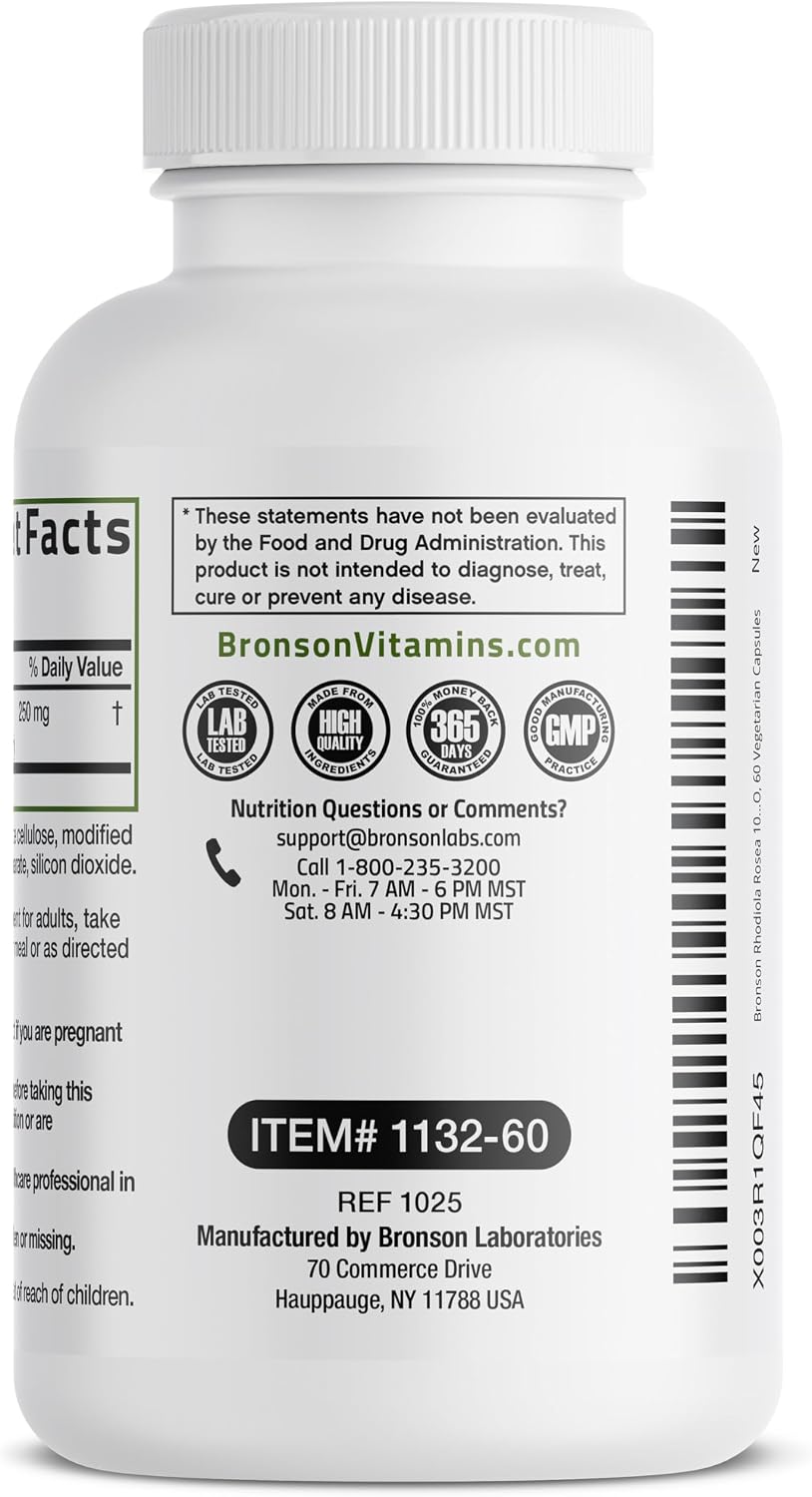 Bronson Rhodiola Rosea Vegetarian Capsules – Adaptogenic Herb – Brain, Stress & Mood Support – Non-GM, 60 Count - görsel 3