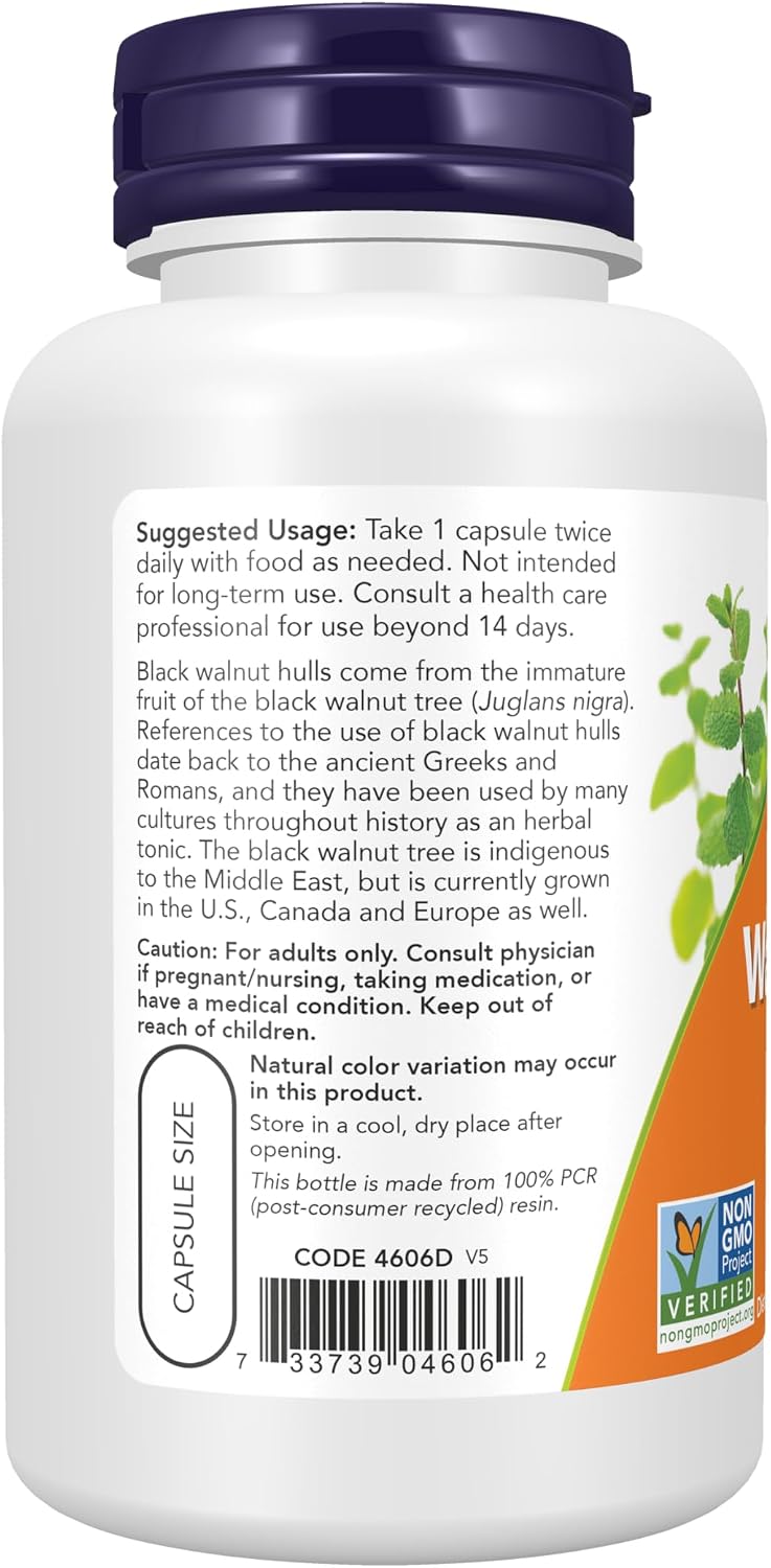 NOW Foods Black Walnut Hulls (Juglans nigra) 500 mg, 100 Veg Capsules - görsel 3