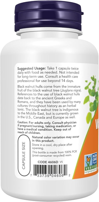 NOW Foods Black Walnut Hulls (Juglans nigra) 500 mg, 100 Veg Capsules