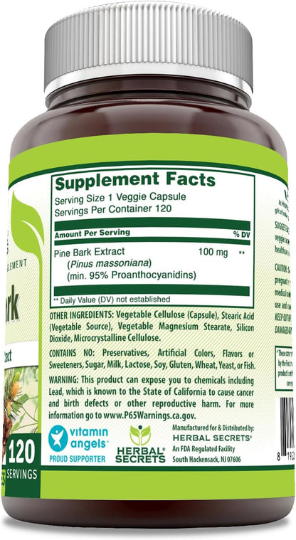Herbal Secrets Pine Bark Extract Supplement – 100 mg per Serving, 120 Veggie Capsules