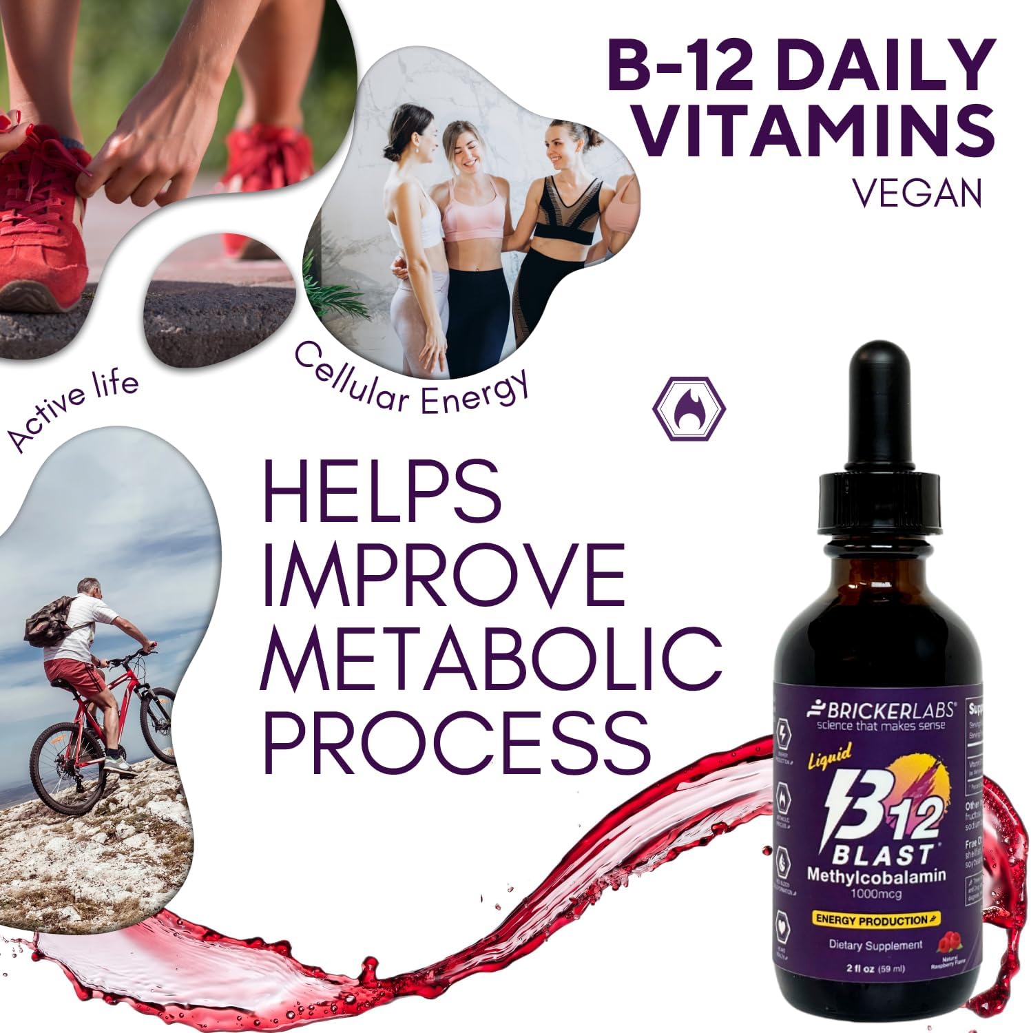 Bricker Labs B12 Blast Methylcobalamin 1000mcg Sublingual Liquid - Vegan B12 Energy Supplement, 2 fl oz - görsel 4