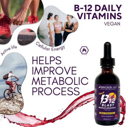 Bricker Labs B12 Blast Methylcobalamin 1000mcg Sublingual Liquid - Vegan B12 Energy Supplement, 2 fl oz