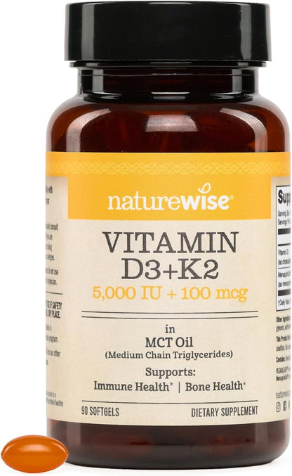 NatureWise Vegan Vitamin D3 + K2 with Organic Coconut MCT Oil - Natural D3 5000IU + Natural K2 100mcg - High Absorption Bone Support - Soya &amp; Gluten-free - USA Manufactured - 90 Soft gel capsules