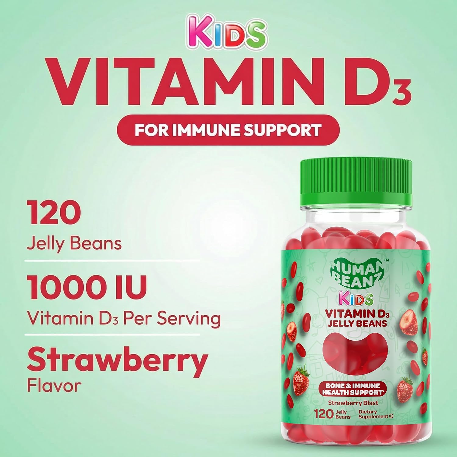 Human Beanz Vitamin D3 Jelly Bean Gummies for Kids, 25mcg (1000 IU), 120 Strawberry Flavour Gummies - görsel 2
