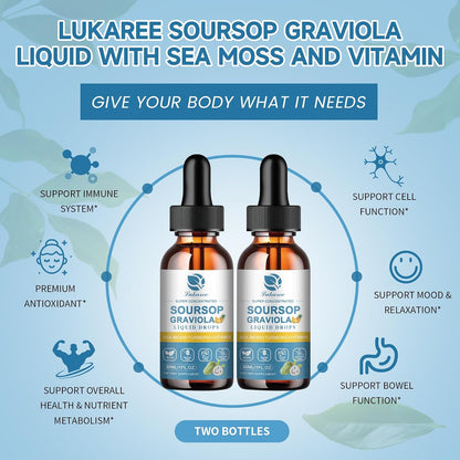 (2 Pack) Soursop Graviola Leaf Extract Liquid Drop Plus Pure Botanical Sea Moss for Cell Support & Regeneration, Immunity and Gut Health, Soursop Bitters Liquid – Full Texture, Pineapple Flavour, 30 ml
