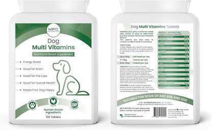 Dog Multivitamin 22-in-1 – Dog Vitamins and Supplements with Calcium, Zinc, Iron & Full B-Complex | Immune, Skin & Coat, Bone & Joint Support | Chicken Flavour Tablets | UK GMP | 120 Ct
