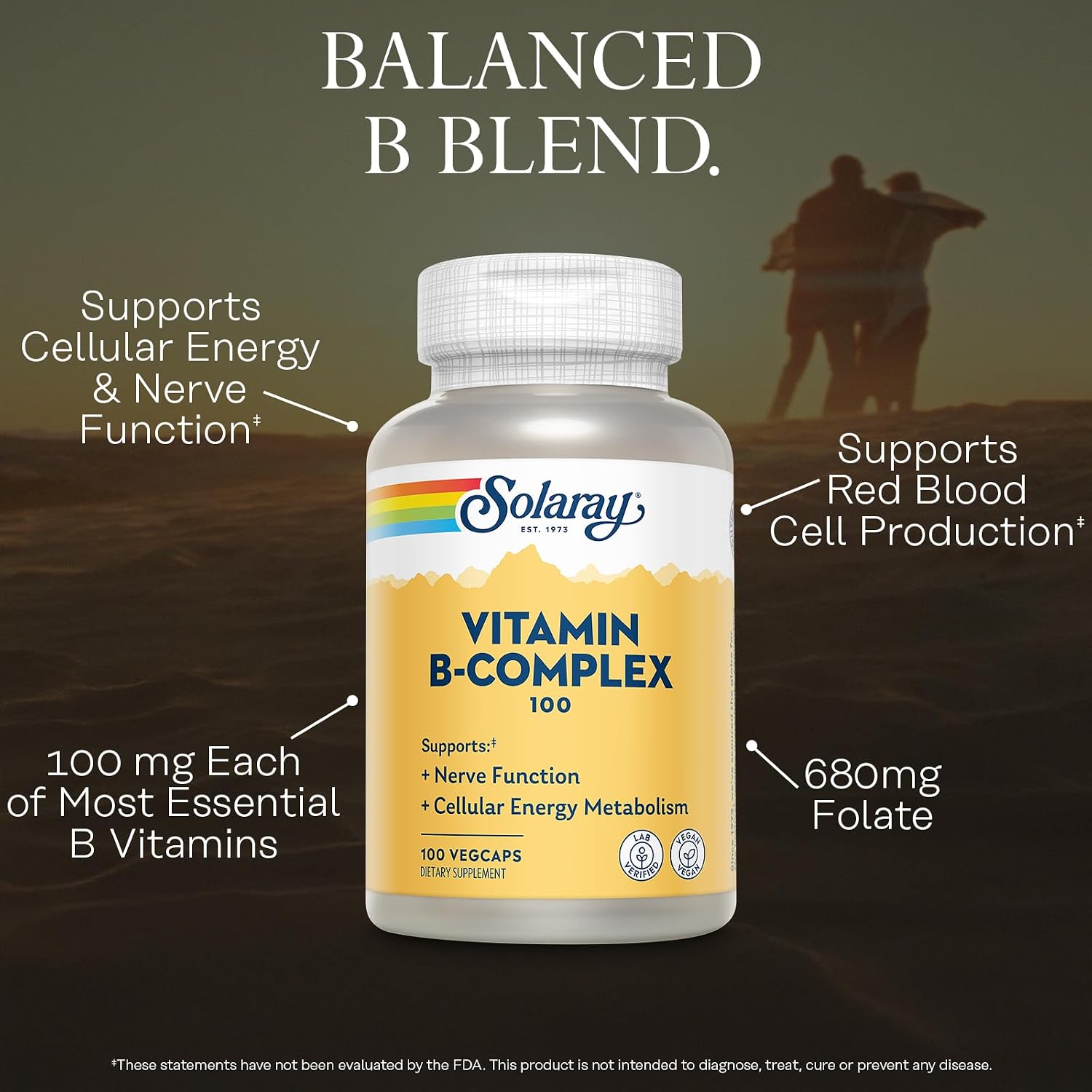 SOLARAY Vitamin B Complex 100mg – All 8 B Vitamins for Energy, Nerve & Heart Health (100 Vegan Capsules) - görsel 3