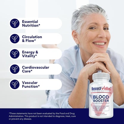 Research Verified Blood Booster – Blood Support Supplement with Hawthorn, Magnesium, Celery Seed, BioPerine (180 Capsules)
