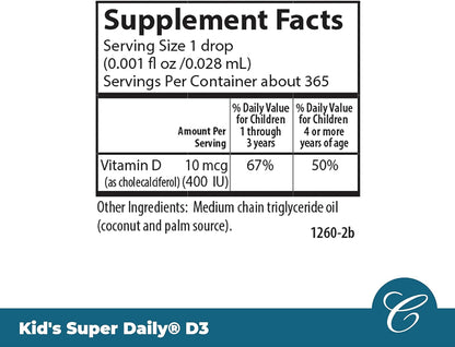 Carlson Kid's Super Daily D3 – Vitamin D Drops for Kids, 400 IU, One-Year Supply
