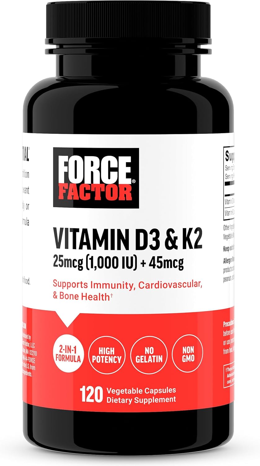 Force Factor Vitamin D3 K2 to Support Immune System, Bone Health and More, High-Potency 2-in-1 Formula, Vegan, No Gelatin, Non-GMO, 120 Capsules - görsel 1