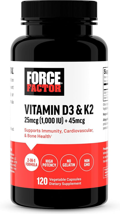 Force Factor Vitamin D3 K2 to Support Immune System, Bone Health and More, High-Potency 2-in-1 Formula, Vegan, No Gelatin, Non-GMO, 120 Capsules
