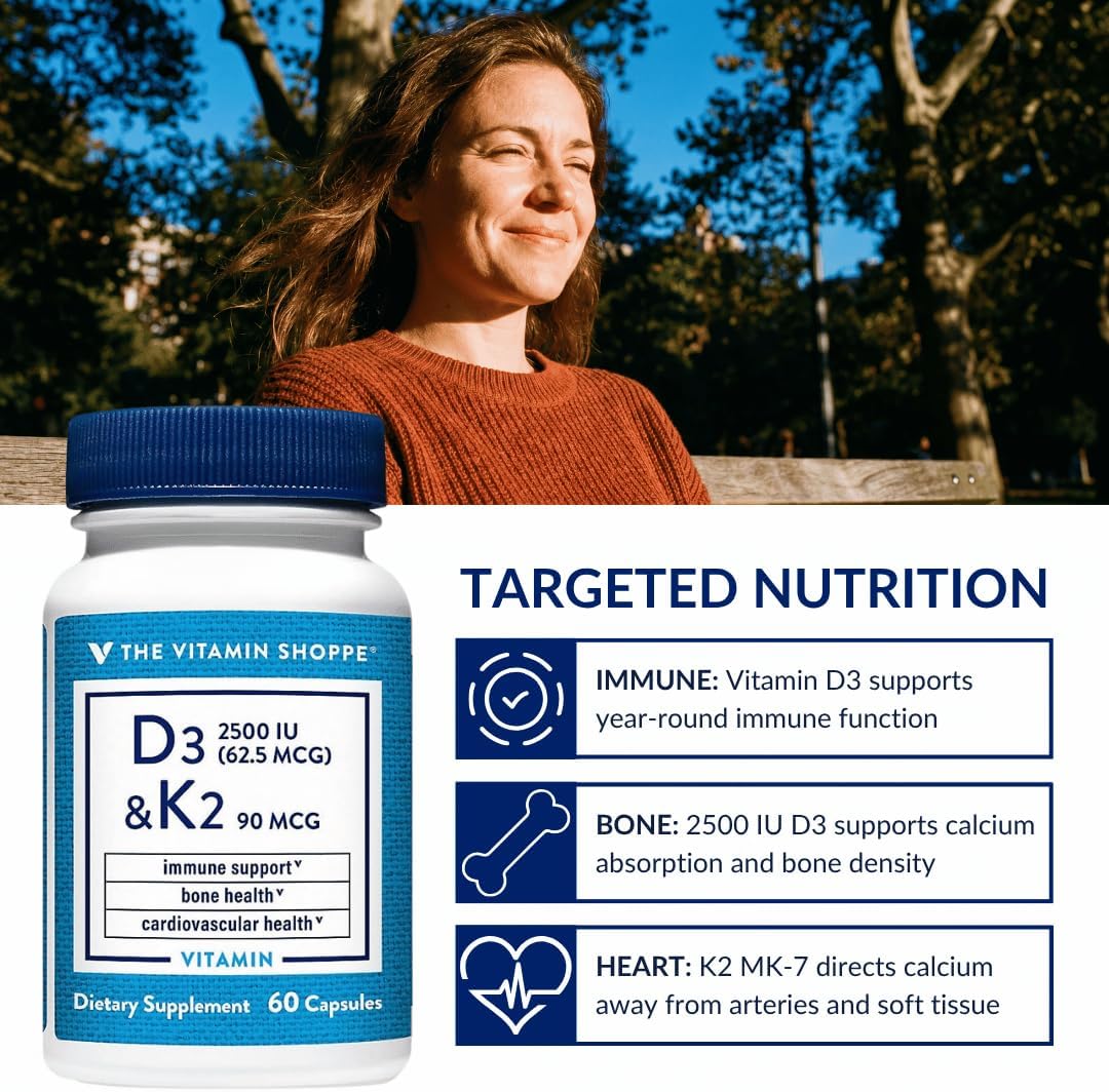 The Vitamin Shoppe Vitamin D3 2500 IU & K2 90 mcg with Calcium, D3 K2 MK7 Capsules for Bone Health, Immune Support & Cardiovascular Health, 60 Capsules - görsel 6