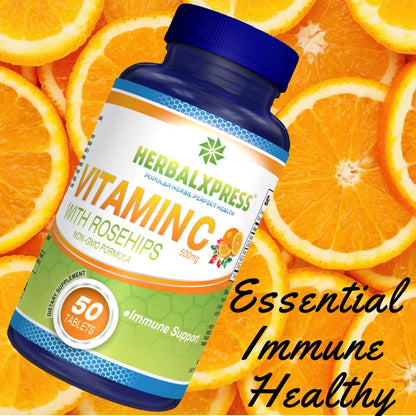 HerbalXpress Vitamin C 500mg with Rose Hips & Citrus Bioflavonoids - 50 Tablets
