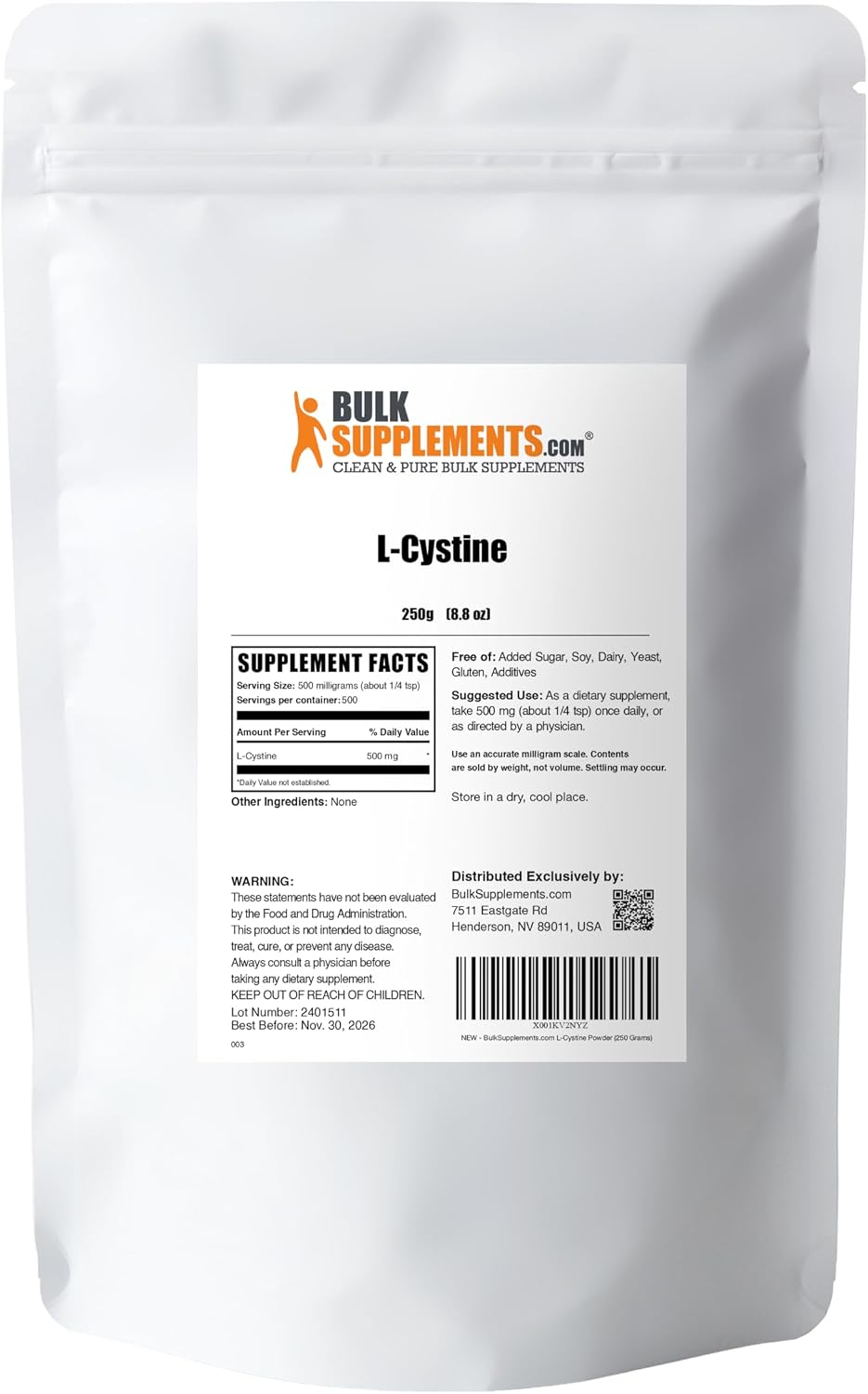 BulkSupplements.com L-Cystine Powder - 500mg per Serving, 250g - görsel 6
