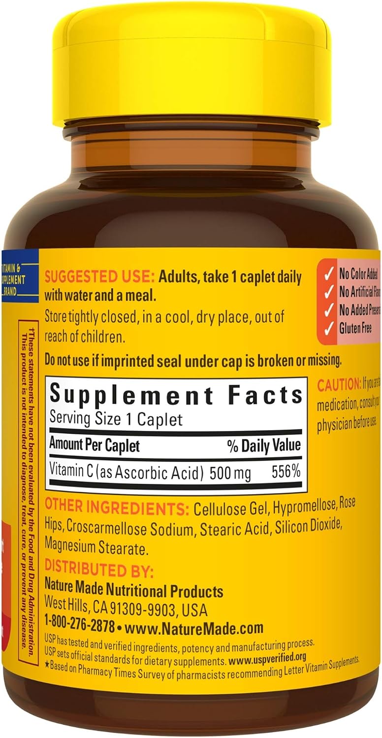 Nature Made Vitamin C 500 mg with Rose Hips Caplets, 130 Count - görsel 8