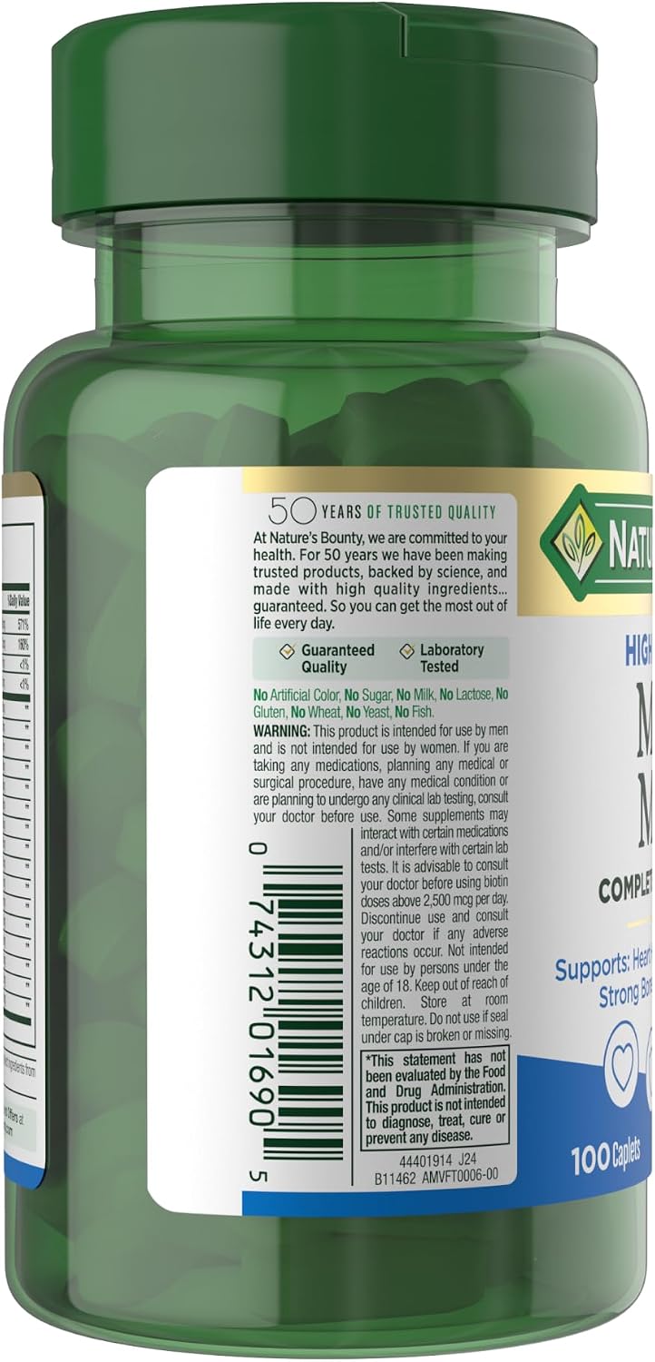 Nature’s Bounty High Potency Men’s Complete Multivitamin, Daily Men’s Health Vitamin for Heart Health and Immune Support, Men's Multivitamin for Strong Bones, Overall Health and Wellbeing, 100 Capsules - görsel 9