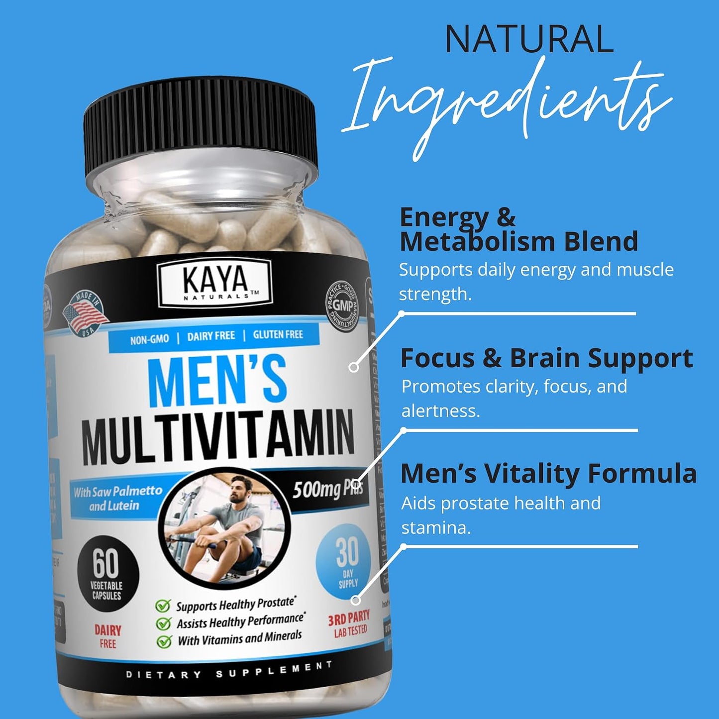 Kaya Naturals Multivitamin for Men - Men's Prostate Multivitamin - Multi Mineral Daily Supplement - Pills for Men - Supports Healthy Prostate - Vitaminas para Hombres - 60 Veggie Capsules - görsel 7