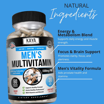 Kaya Naturals Multivitamin for Men - Men's Prostate Multivitamin - Multi Mineral Daily Supplement - Pills for Men - Supports Healthy Prostate - Vitaminas para Hombres - 60 Veggie Capsules
