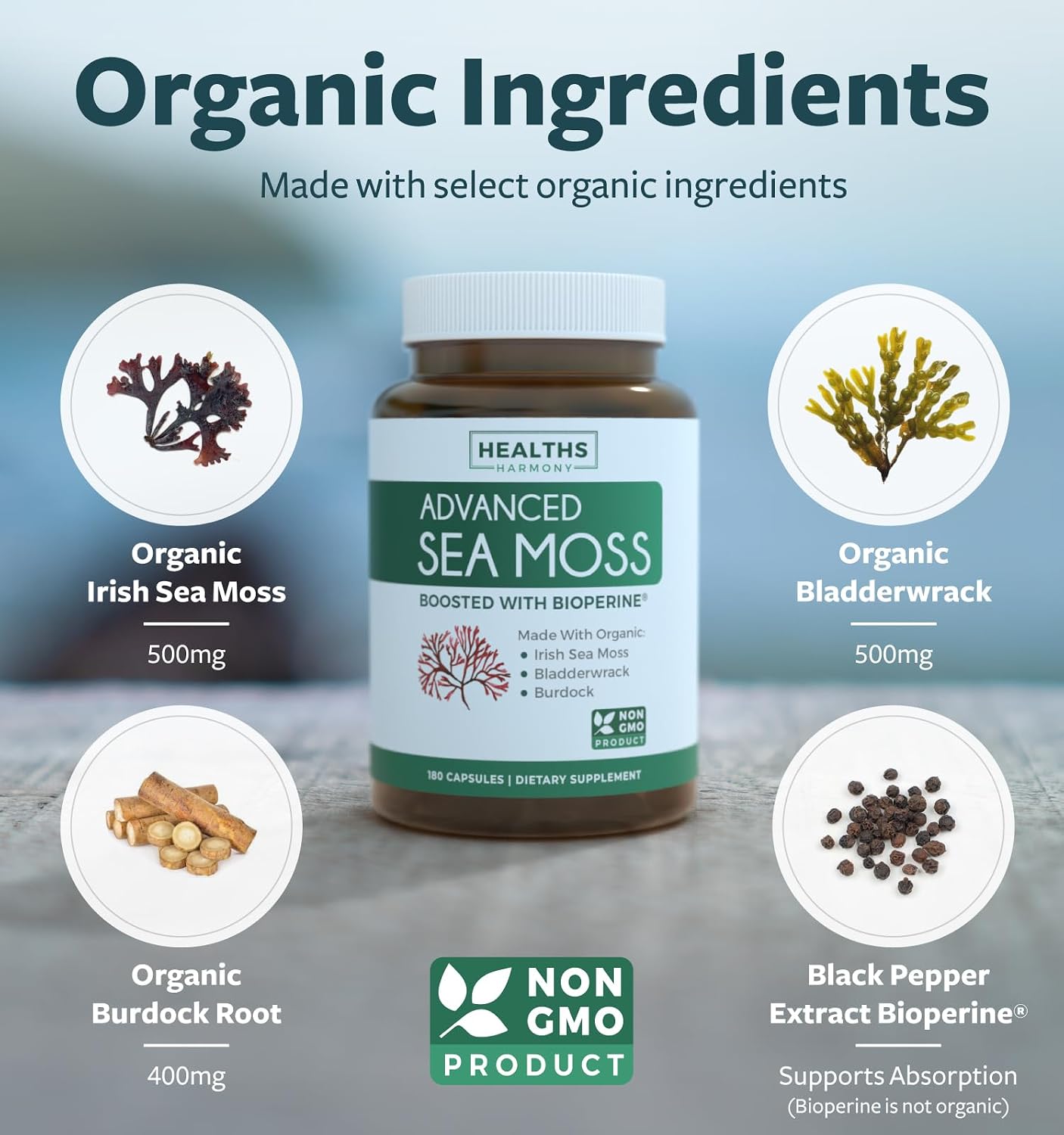 Organic Irish Sea Moss Capsules with Bladderwrack, Burdock Root & Black Pepper Extract - görsel 2
