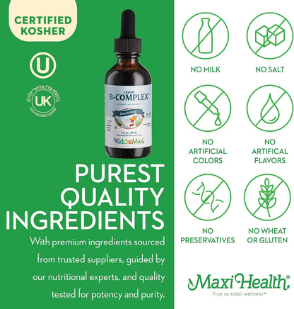 Maxi Health Liquid Vitamin B Complex – 9 Essential B Vitamins with B1, B6, B12 (Methylcobalamin) – Contributes to Normal Energy Metabolism, Nervous System & Immune Function – Raspberry, 59 ml